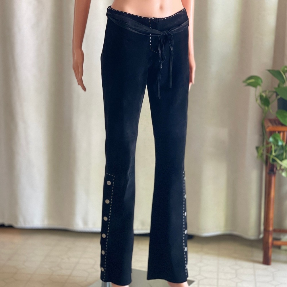 Vintage‎ Y2K Black Suede Leather Pants Low Rise Flare Whipstitch Western Boho 1
